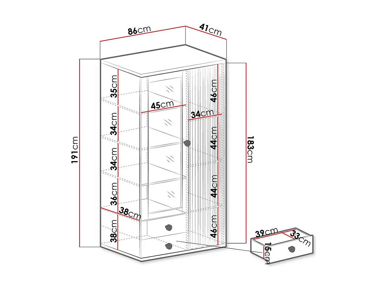 Étagère Venmava 101, Fermé|Avec tiroirs|Avec des portes, Verre trempé|Stratifié, 191x86cm