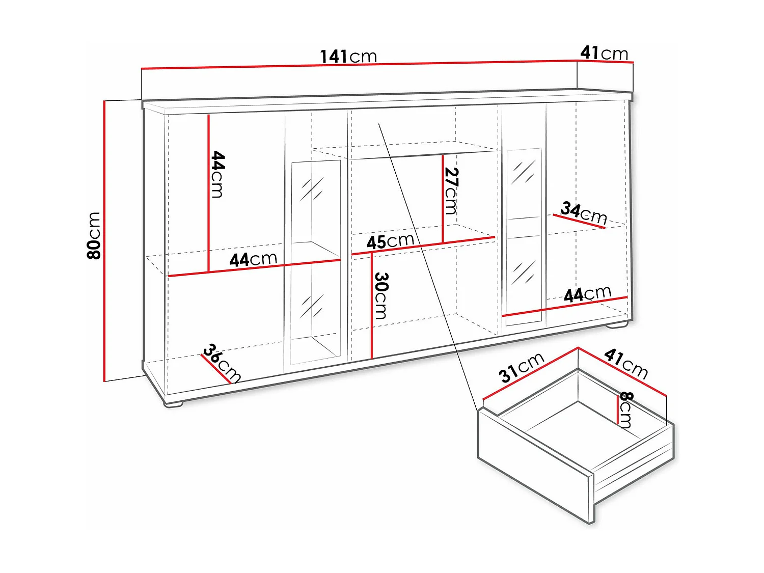 Cómoda Tucson 114, Roble Sonoma, Con cajones y puertas, Número de cajones: 1, 80x141x41cm