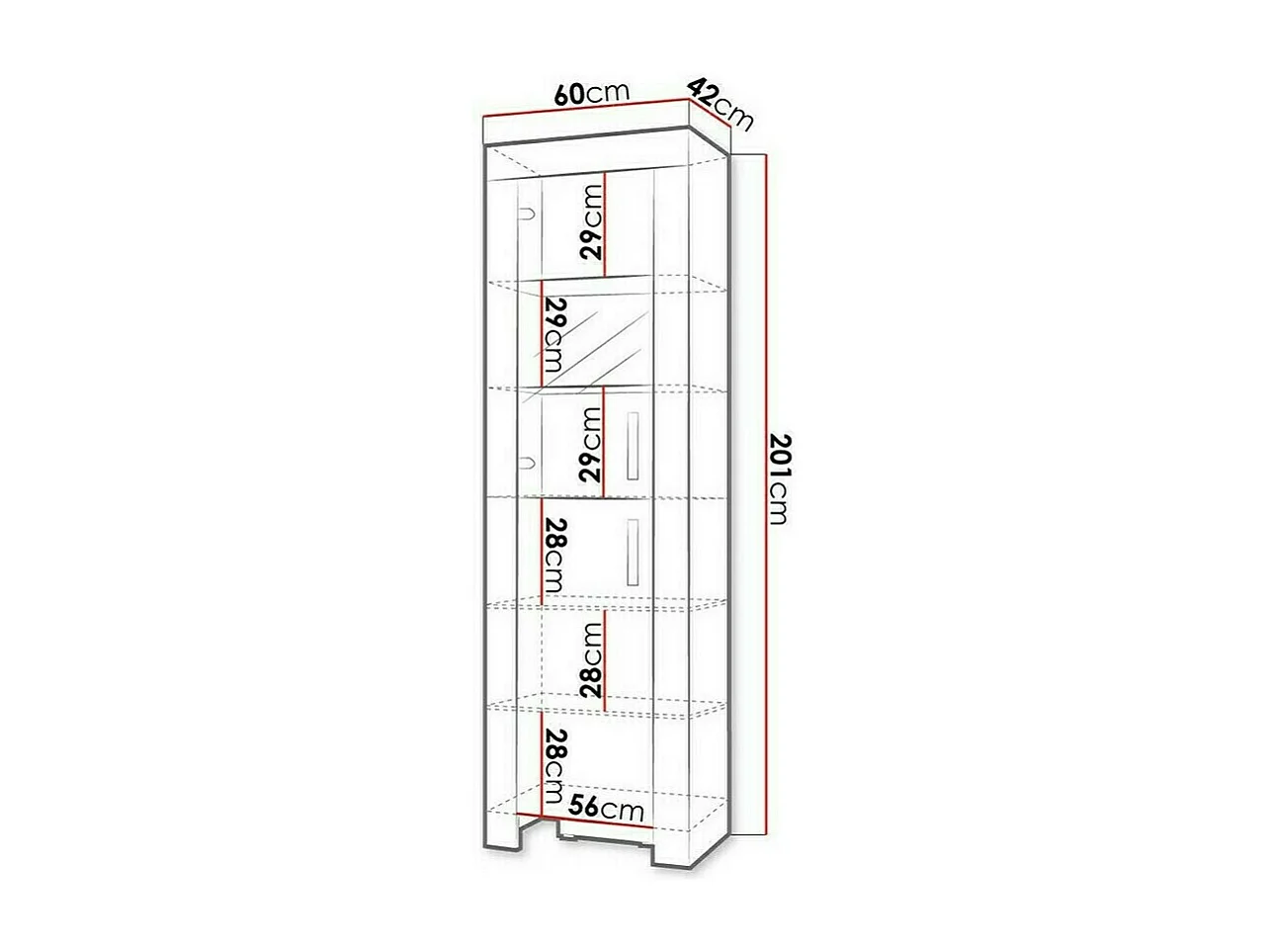 Estantería Melfeli 103, Cerrable|Con puertas, Vidrio|Aglomerado laminado, 201x60x42cm
