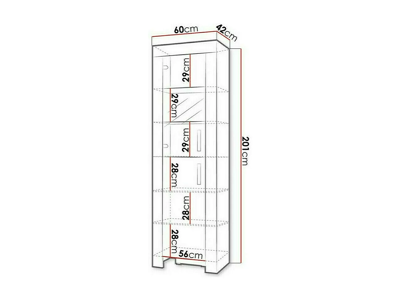 Estantería Melfeli 103, Cerrable|Con puertas, Vidrio|Aglomerado laminado, 201x60x42cm