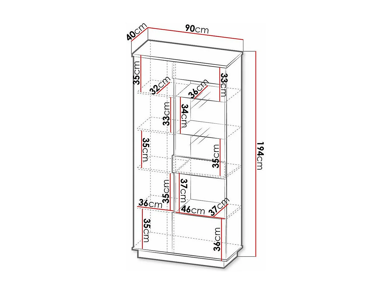 Étagère Tenodeu 102, Avec des portes|Fermé, MDF|Stratifié|Verre trempé, 194x90x40cm