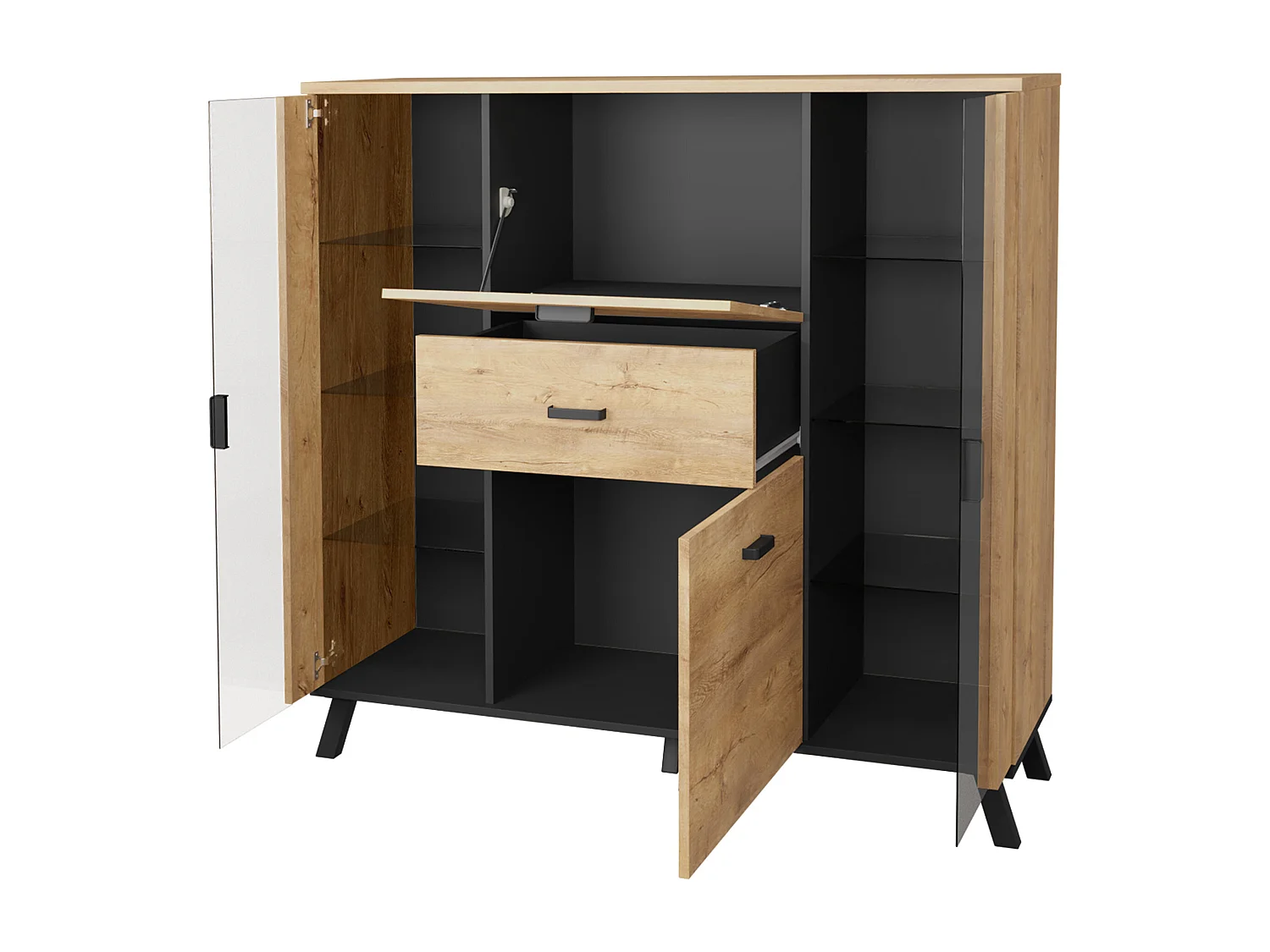 Cassettiera Talsere 102, Quercia di lefkada|Nero, Con cassetti e ante, 131x131x40cm