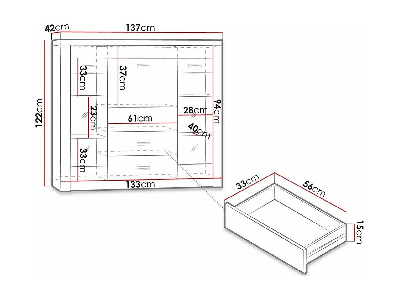 Cómoda Serfeno 105, Arte blanco, Con cajones y puertas, Número de cajones: 3, 122x137cm