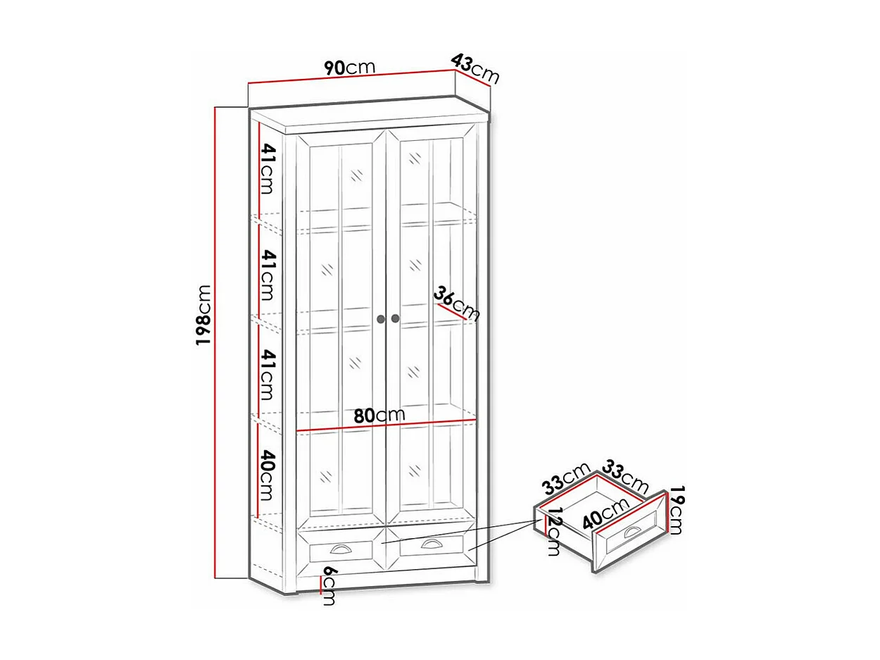 Étagère Ferdore 146, Fermé|Avec tiroirs|Avec des portes, Verre|MDF|Stratifié, 198x90x43cm