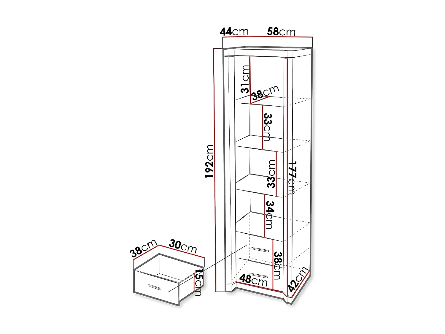 Estantería Lorelie 115, Con cajones|Con puertas|Cerrable, Número de puertas: 1, 192x58cm