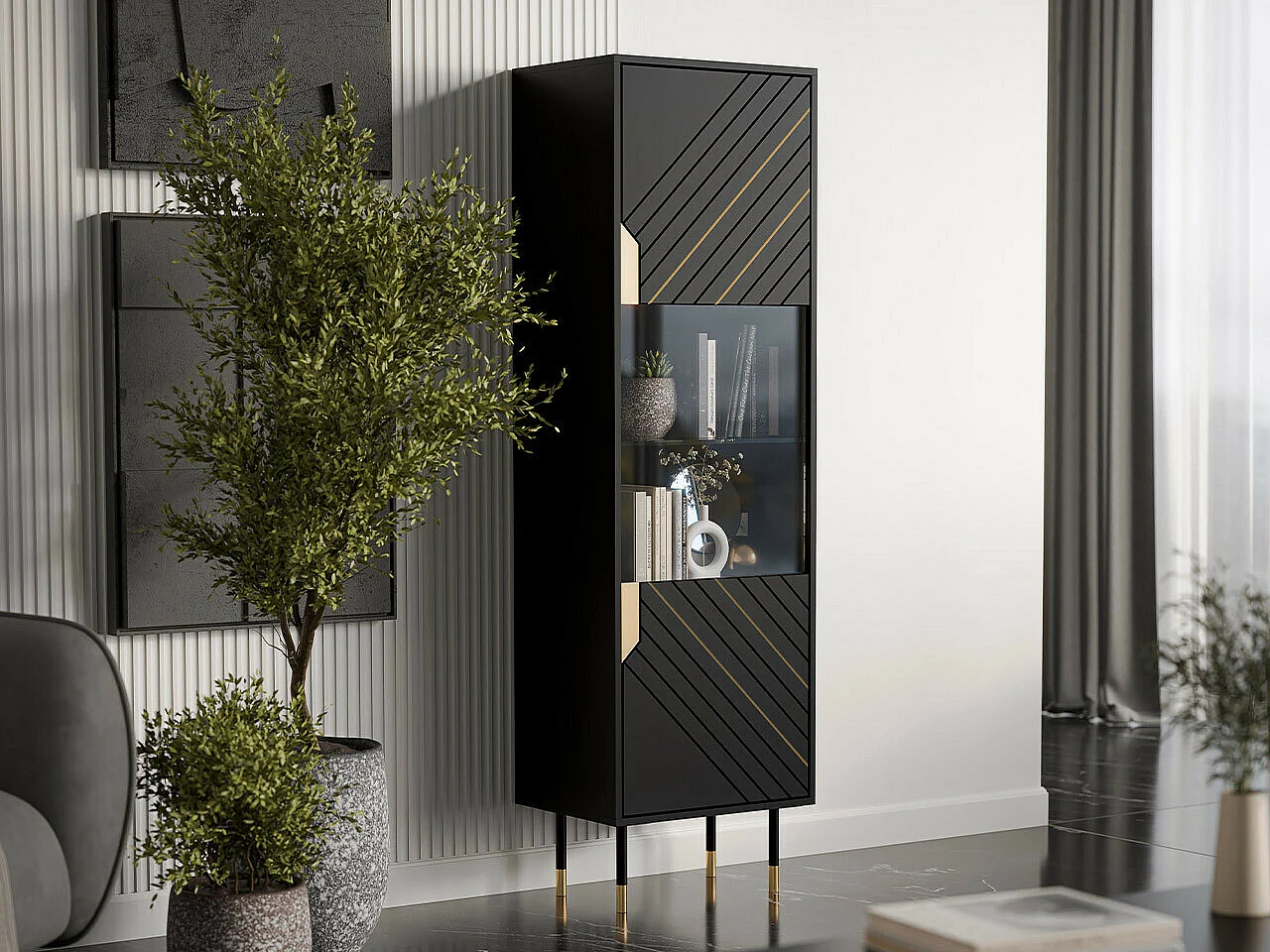 Estantería Elmteo 105, Con puertas|Cerrable, Vidrio templado|MDF|Aglomerado laminado,