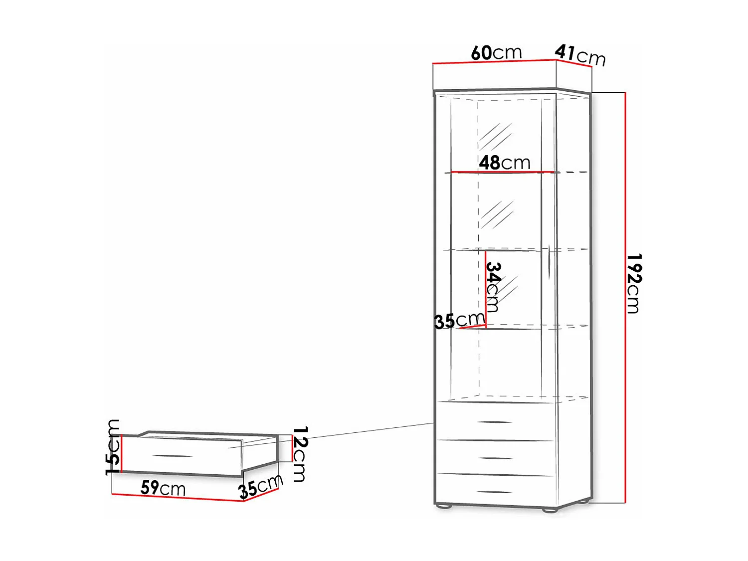 Scaffale Tornola 102, Con porte|Chiuso|Con cassetti, Vetro|Truciolare laminato, 192x60cm