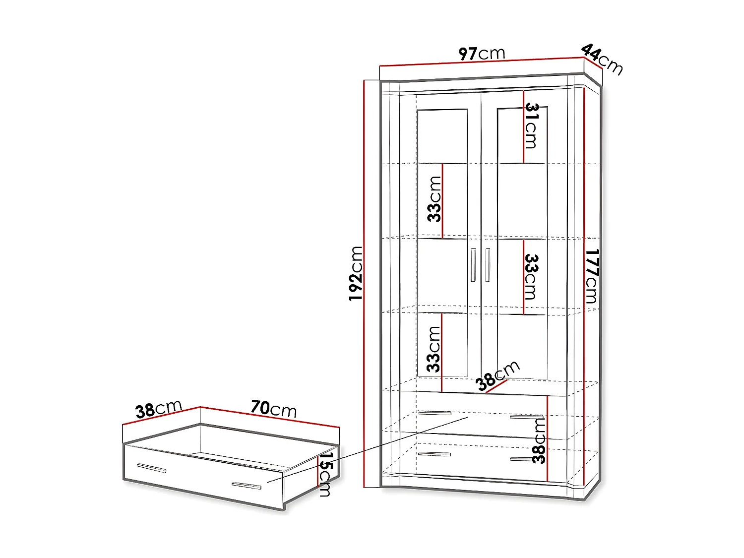 Estantería Lorelie 116, Con cajones|Con puertas|Cerrable, Número de puertas: 2, 192x97cm