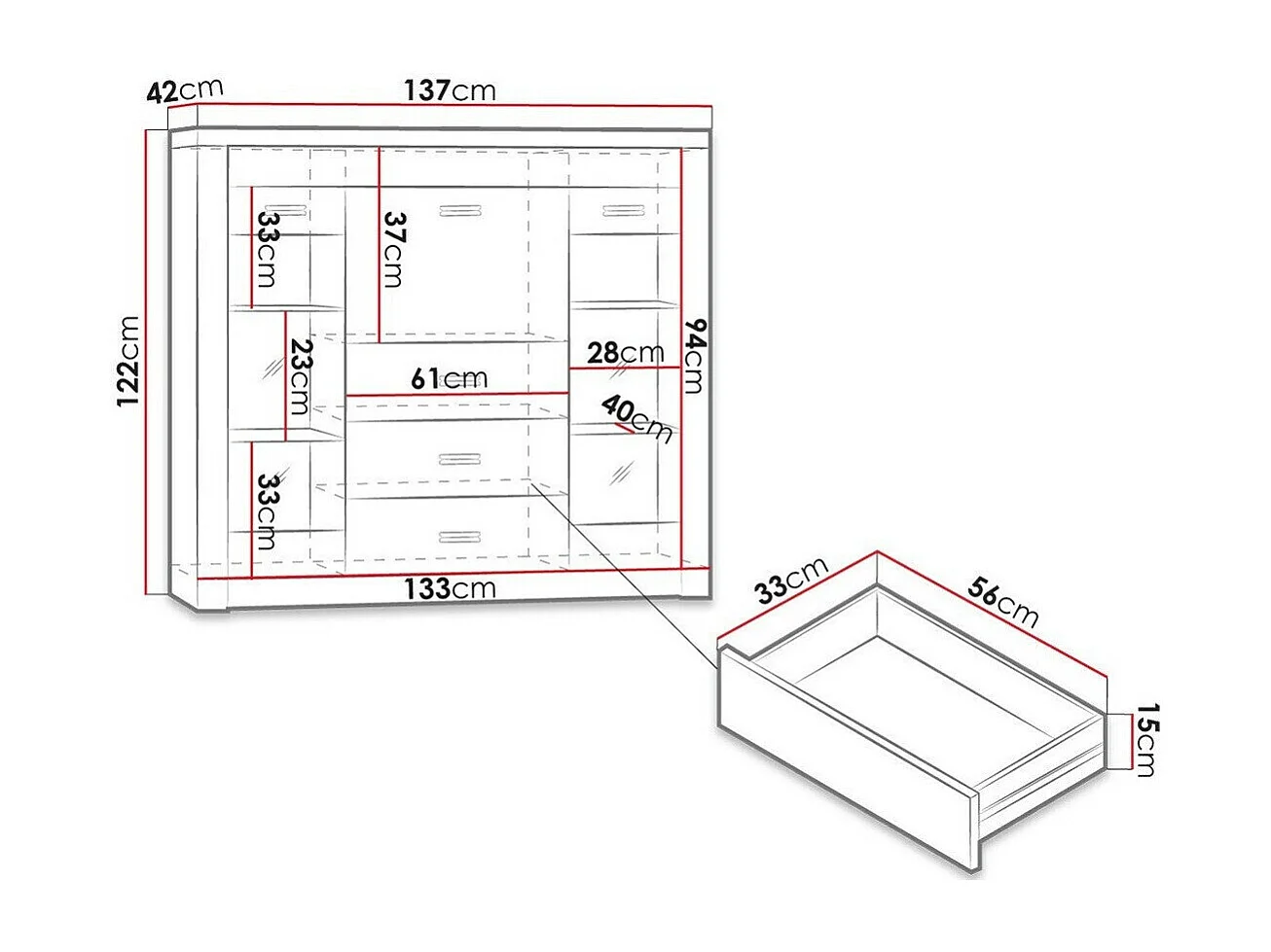 Cómoda Serfeno 105, Fresno oscuro, Con cajones y puertas, Número de cajones: 3, 122x137cm