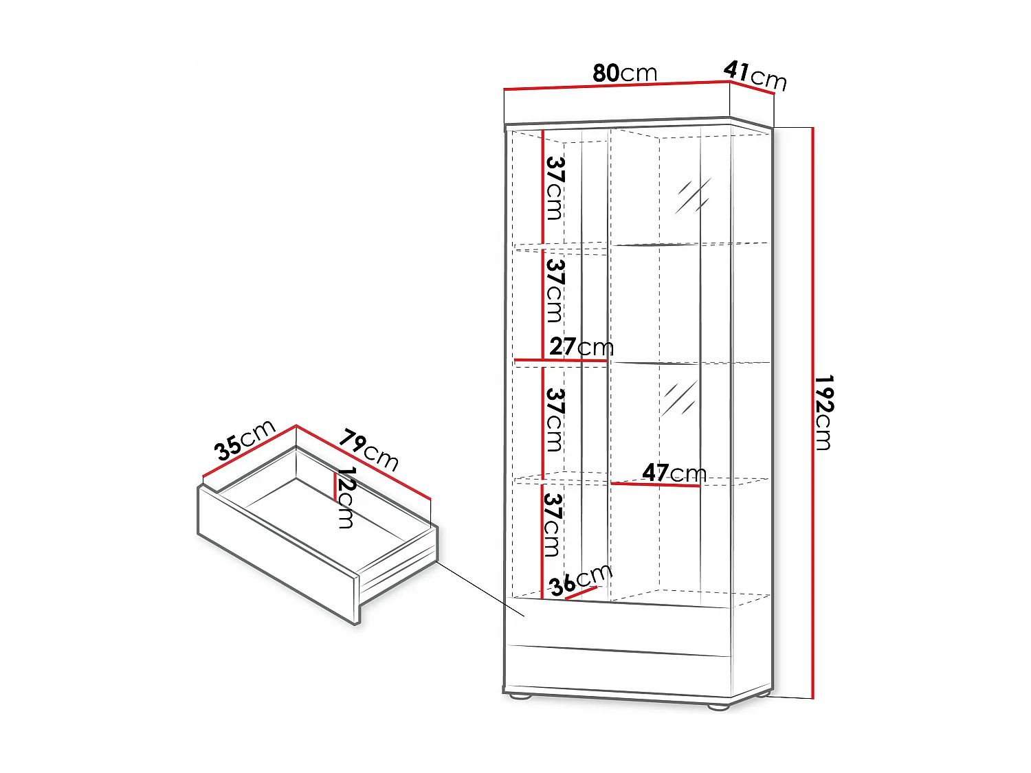 Estantería Tornola 105, Con puertas|Cerrable|Con cajones, Vidrio|Aglomerado laminado,