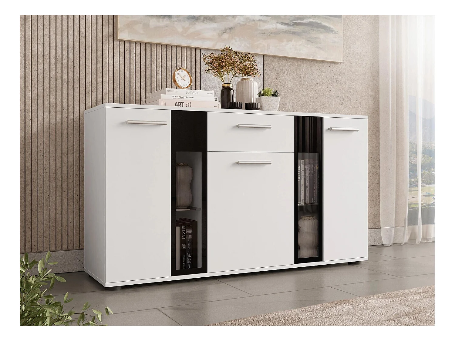Commode Tucson 114, Blanc, Avec tiroirs et portes, Nombre de tiroirs: 1, 80x141x41cm