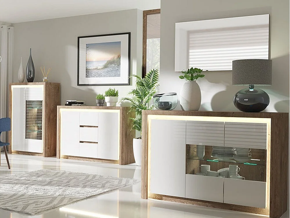 Buffet Etrmona 102, Blanc brillant|Ribbeck chêne, 98x144cm, Le nombre de portes: 341cm