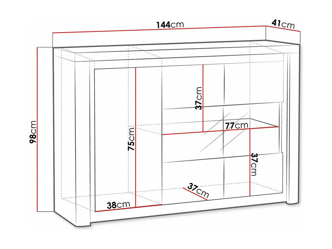 Buffet Etrmona 102, Blanc brillant|Ribbeck chêne, 98x144cm, Le nombre de portes: 341cm