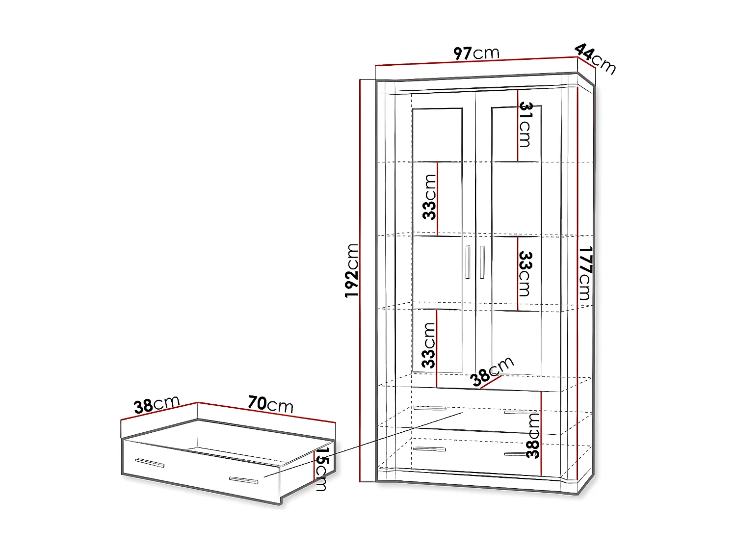 Estantería Lorelie 116, Con cajones|Con puertas|Cerrable, Número de puertas: 2, 192x97cm