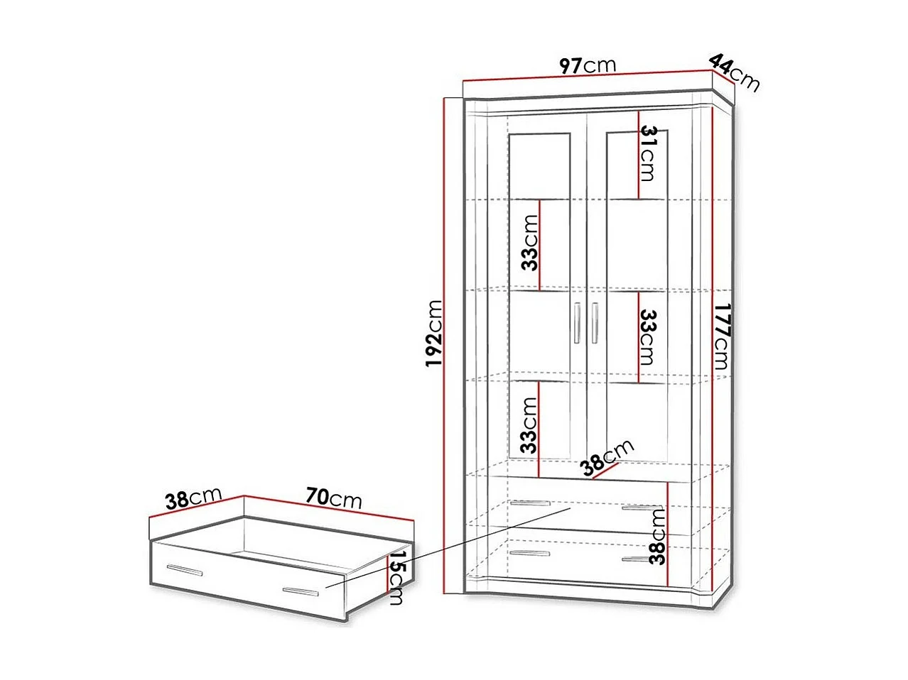 Étagère Lorelie 116, Avec des portes|Fermé|Avec tiroirs, Verre trempé|Stratifié, 192x97cm