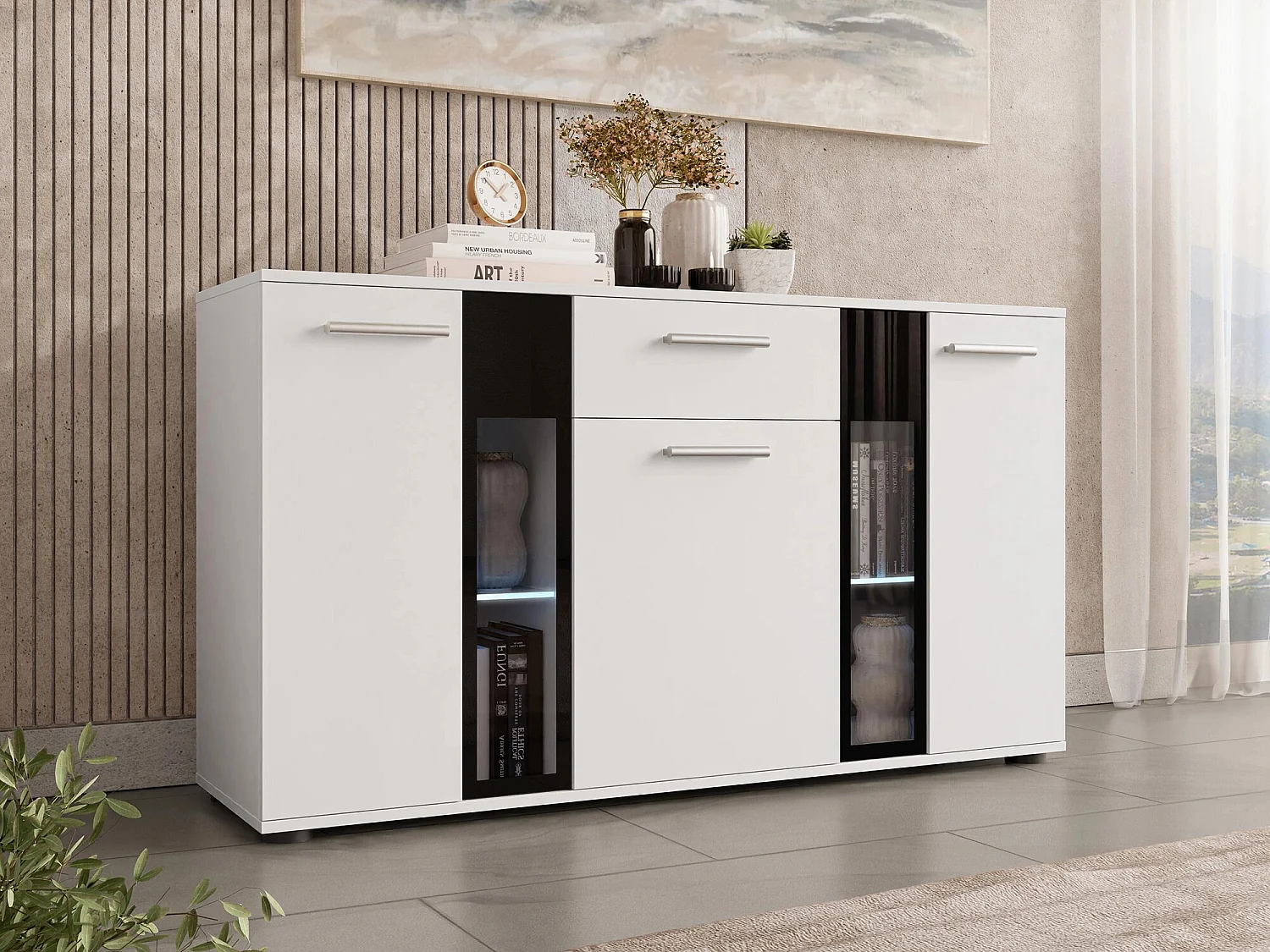 Commode Tucson 114, Blanc, Tiroirs et portes, Nombre de tiroirs: 1, 80x141x41cm