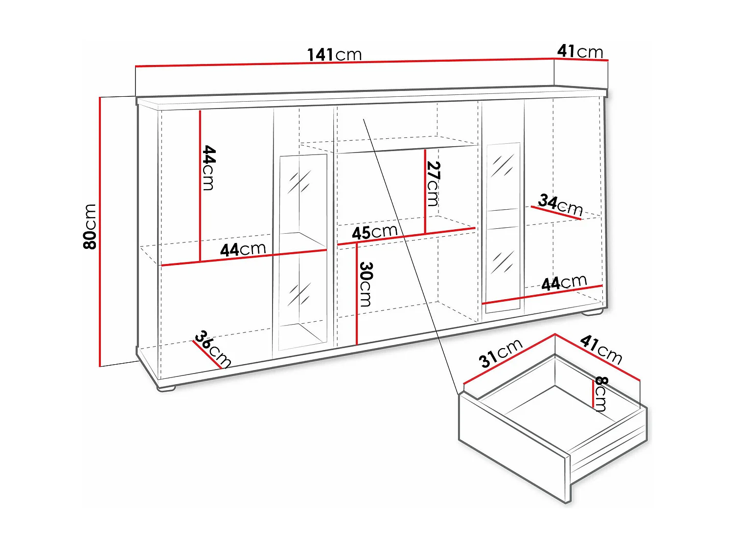 Commode Tucson 114, Blanc, Tiroirs et portes, Nombre de tiroirs: 1, 80x141x41cm