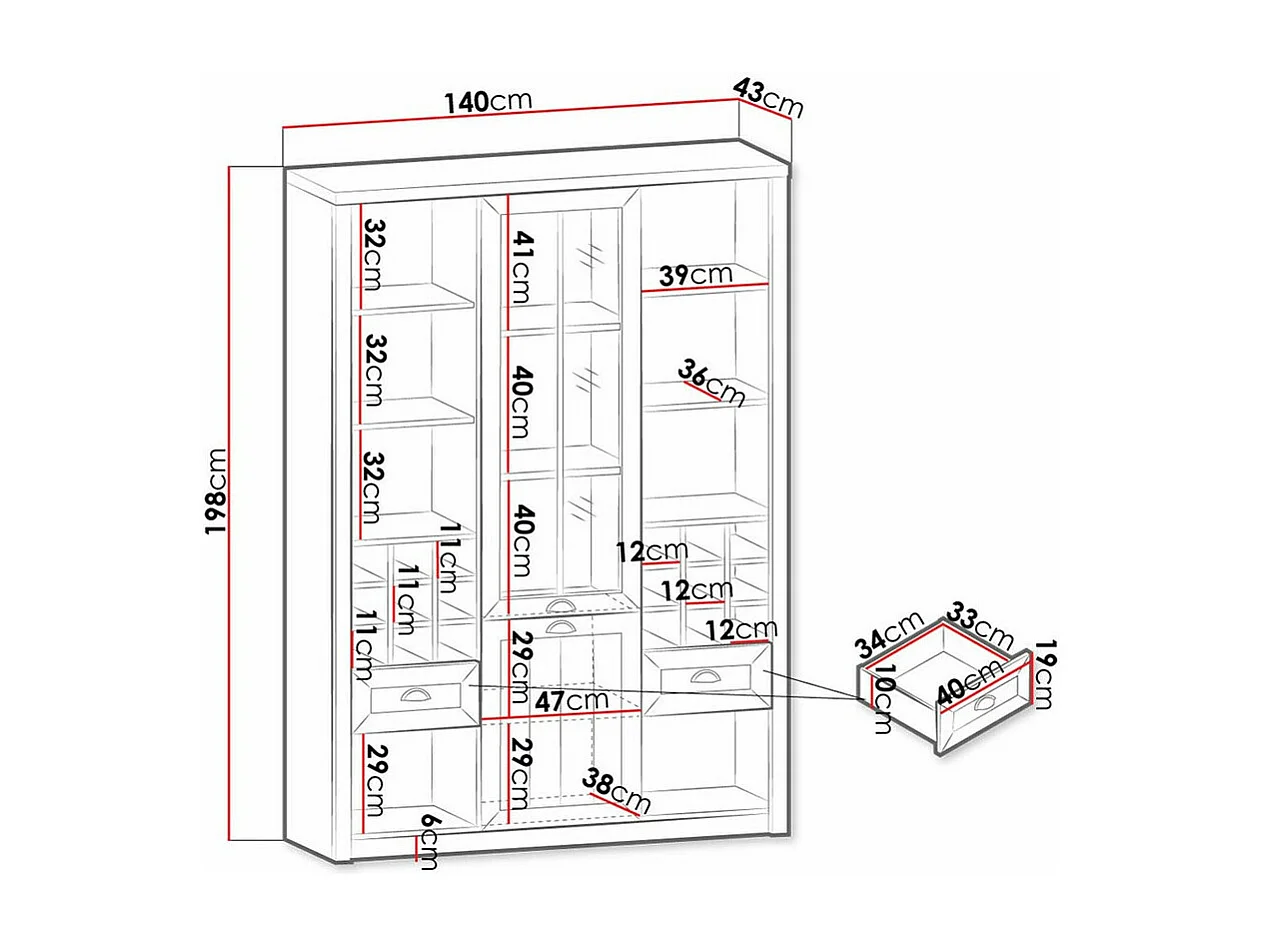 Estantería Ferdore 155, Cerrable|Con cajones|Con puertas, Vidrio|MDF|Aglomerado laminado