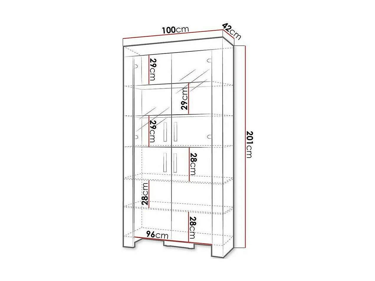 Estantería Melfeli 101, Cerrable|Con puertas, Vidrio|Aglomerado laminado, 201x100x42cm