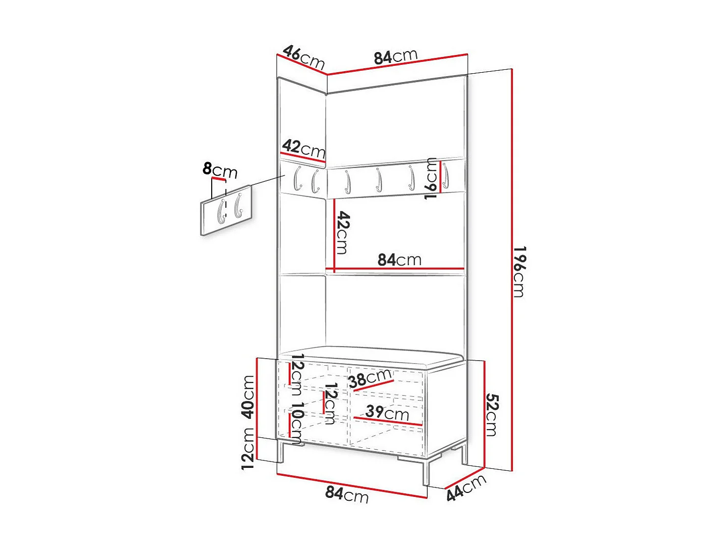 Conjunto para corredor Tivsoa 103, Montado nas parede, 20x8x5cm