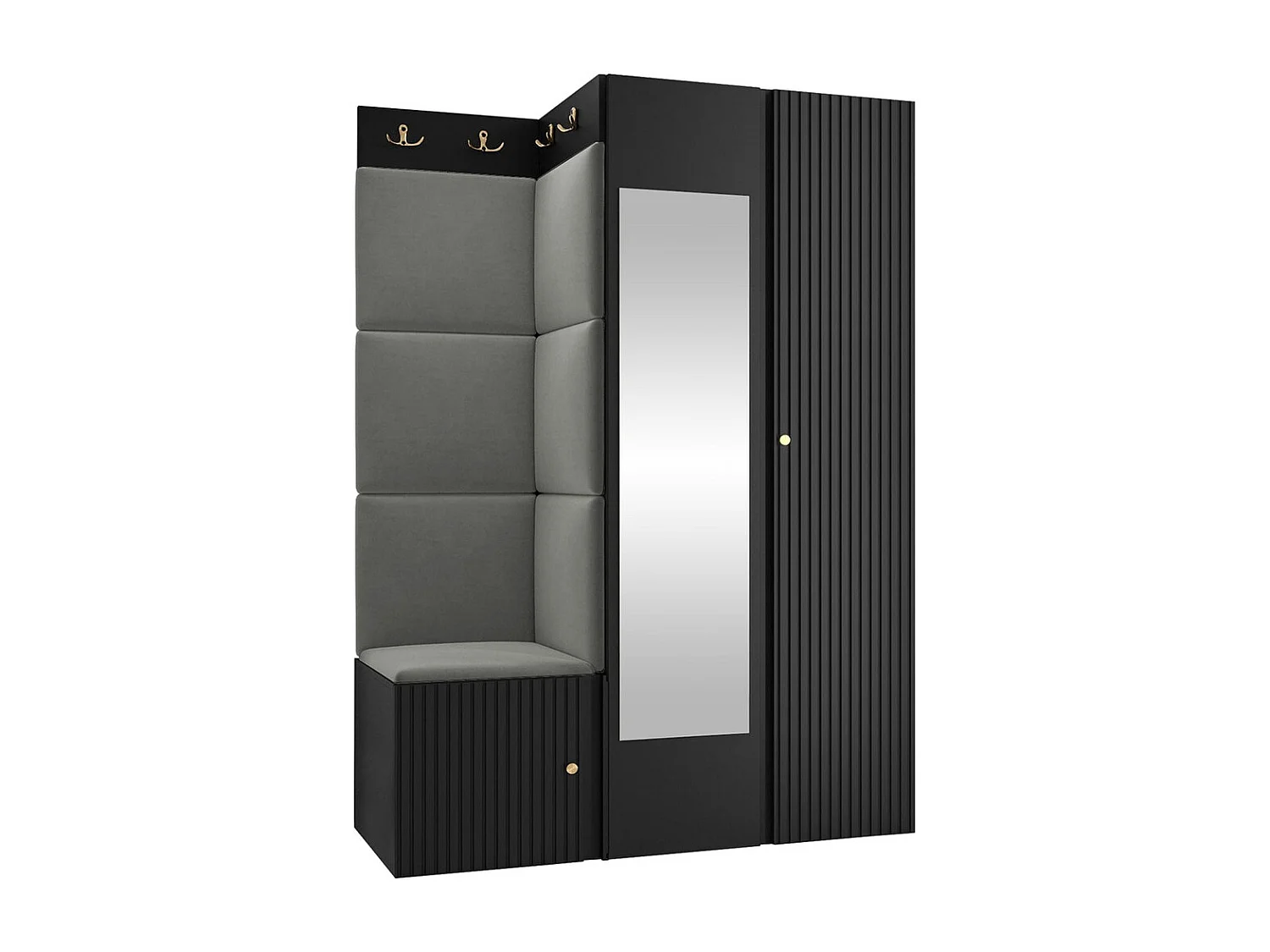 Meuble d'entrée Hartford 388, 186x116x46cm, Miroir, Noir|Gris, Tapisserie|MDF|Stratifié