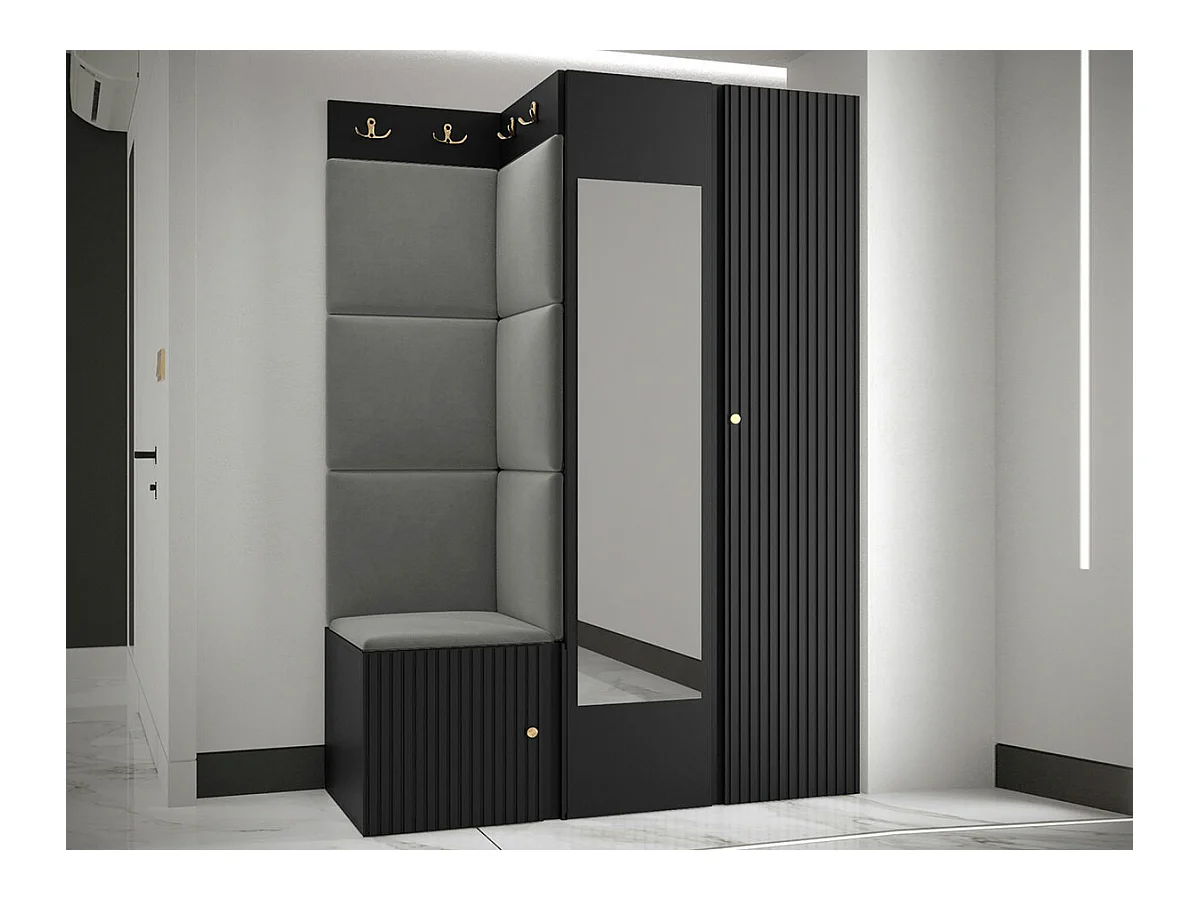 Meuble d'entrée Hartford 388, 186x116x46cm, Miroir, Noir|Gris, Tapisserie|MDF|Stratifié