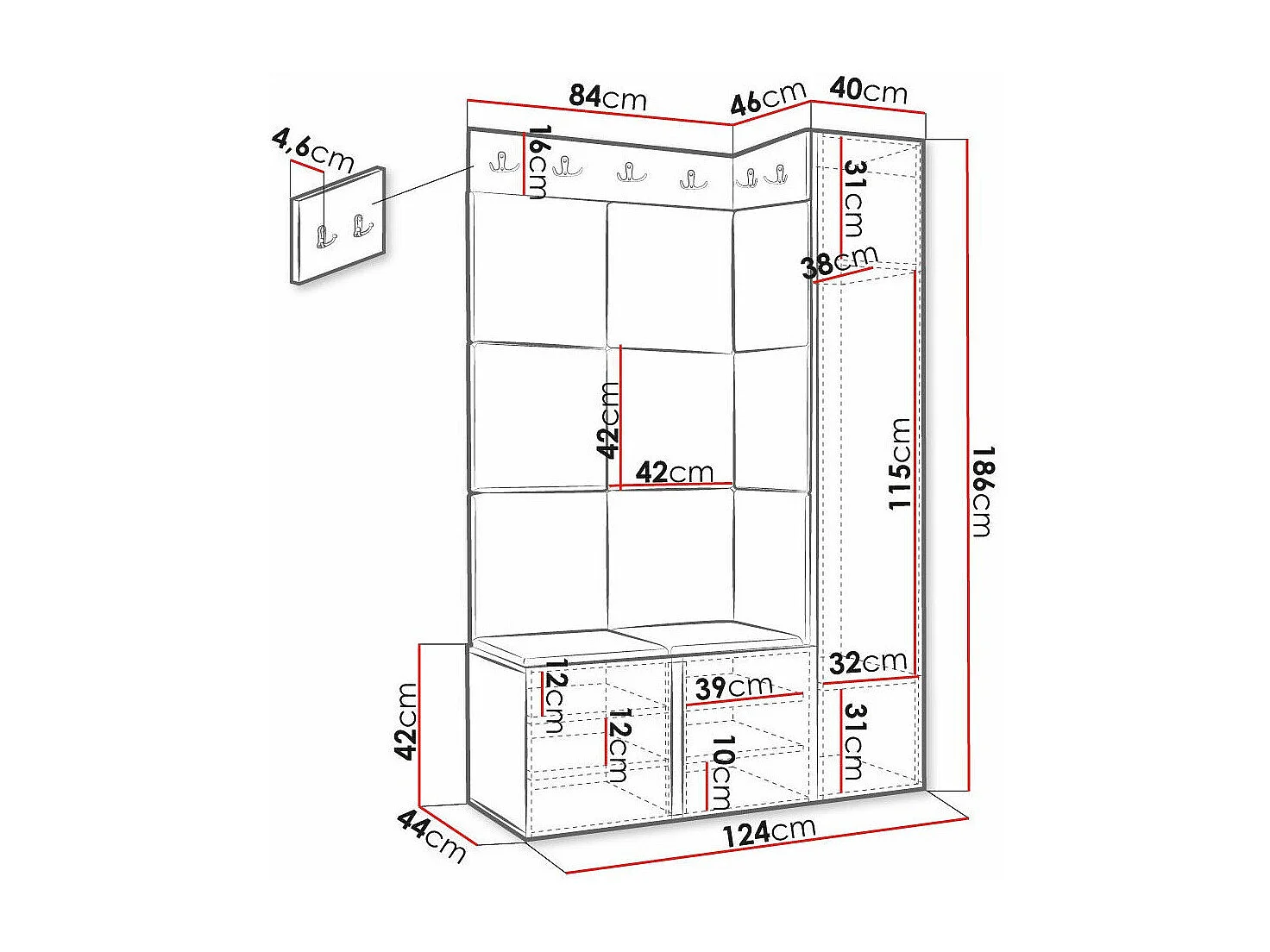 Meuble d'entrée Hartford 377, 186x124x46cm, Marron|Noir, Stratifié|Tissu|MDF