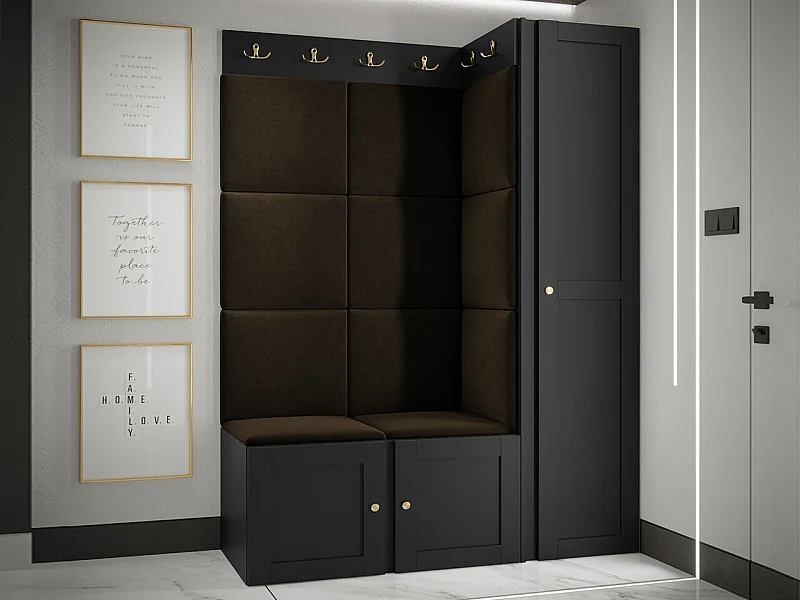 Meuble d'entrée Hartford 377, 186x124x46cm, Marron|Noir, Stratifié|Tissu|MDF