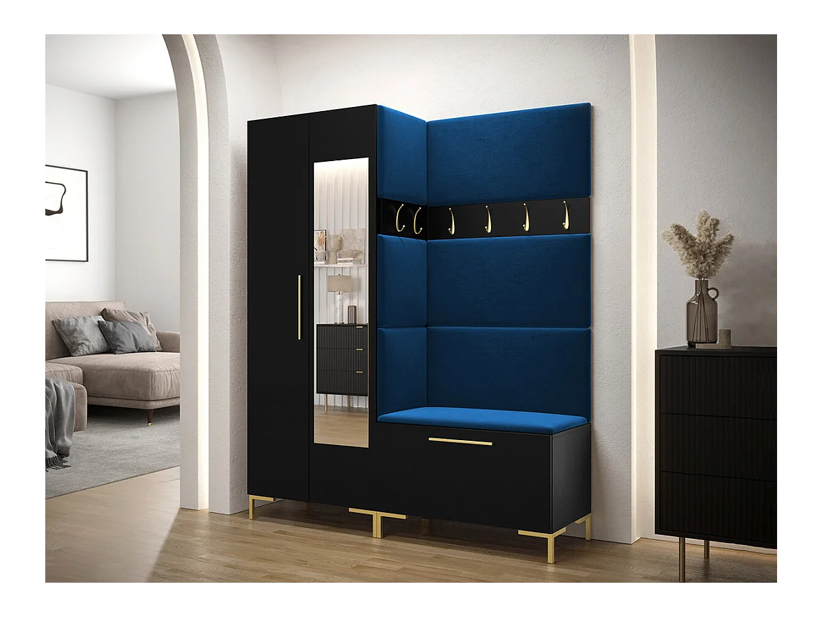 Meuble d'entrée Tivsoa 107, 196x158x46cm, Miroir, Noir, Tapisserie|Stratifié