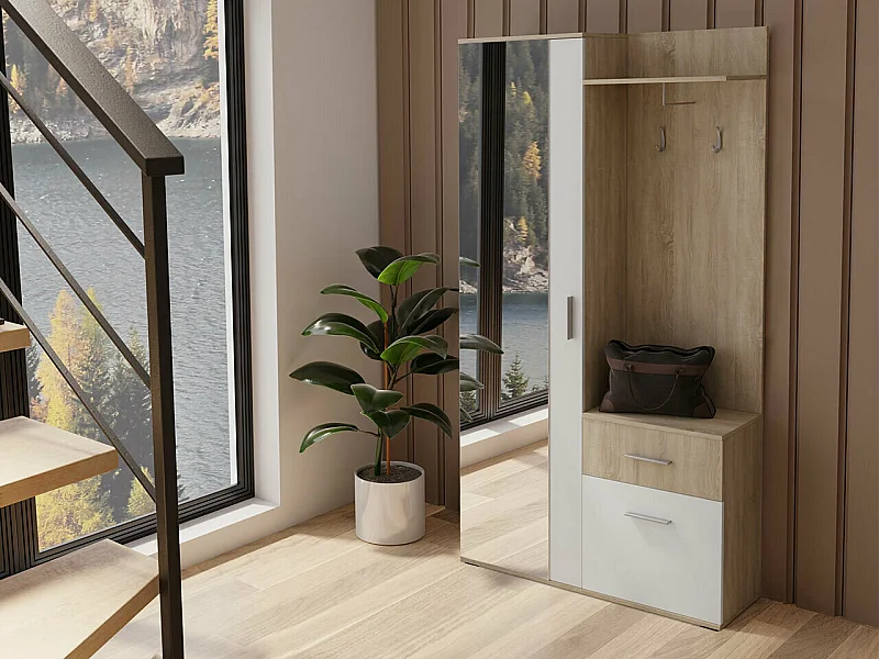 Meuble d'entrée Stanton 103, 195x97x30cm, Miroir, Blanc|Sonoma chêne, Stratifié, À poser