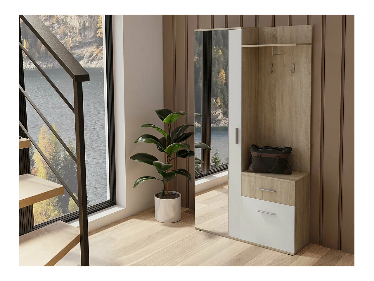 Meuble d'entrée Stanton 103, 195x97x30cm, Miroir, Sonoma chêne|Blanc, Stratifié, À poser