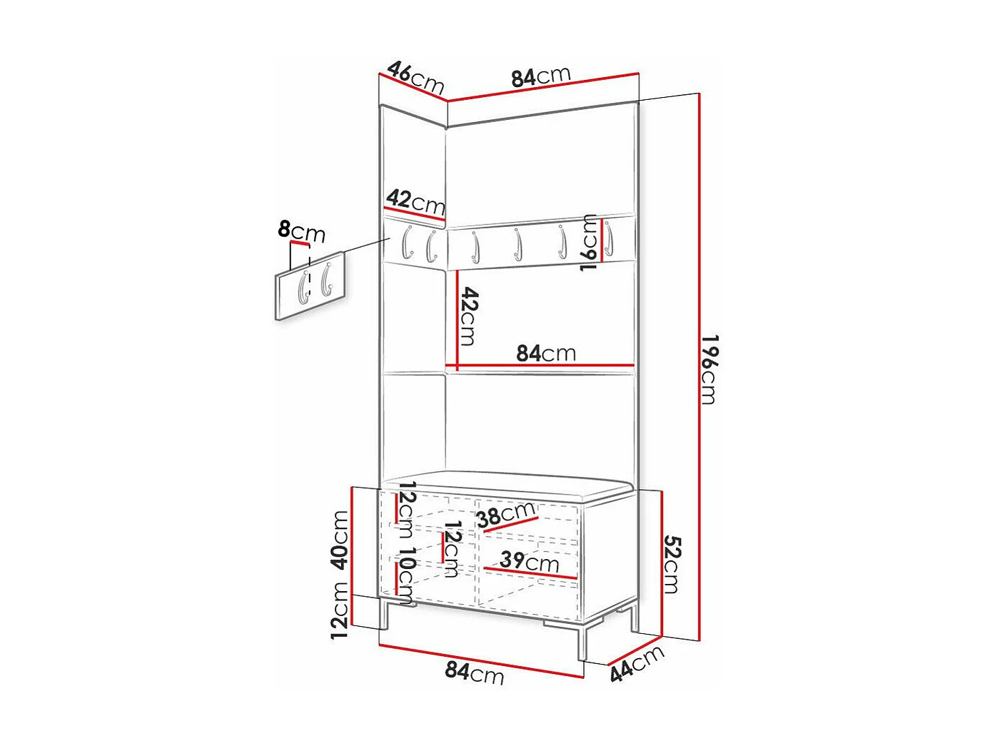 Conjunto pasillo Hartford F103, 196x84x46cm, Craft roble, Montada en la pared|Colocada