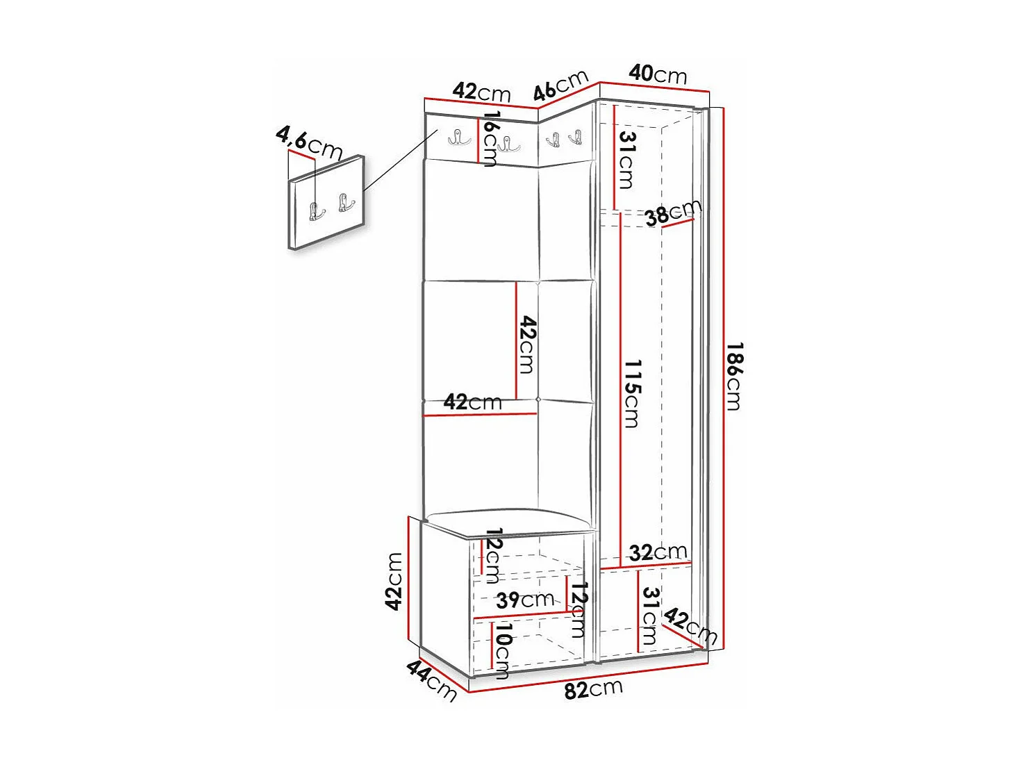 Meuble d'entrée Hartford 381, 186x82x46cm, Blanc|Vert, Stratifié|Tapisserie|MDF