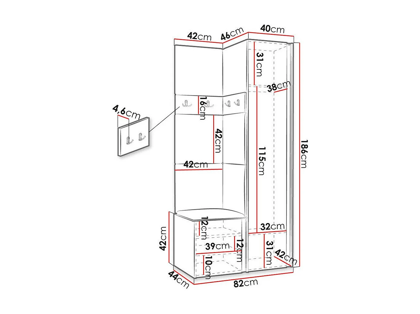 Meuble d'entrée Hartford 348, 186x82x44cm, Blanc, Stratifié|Faux cuir