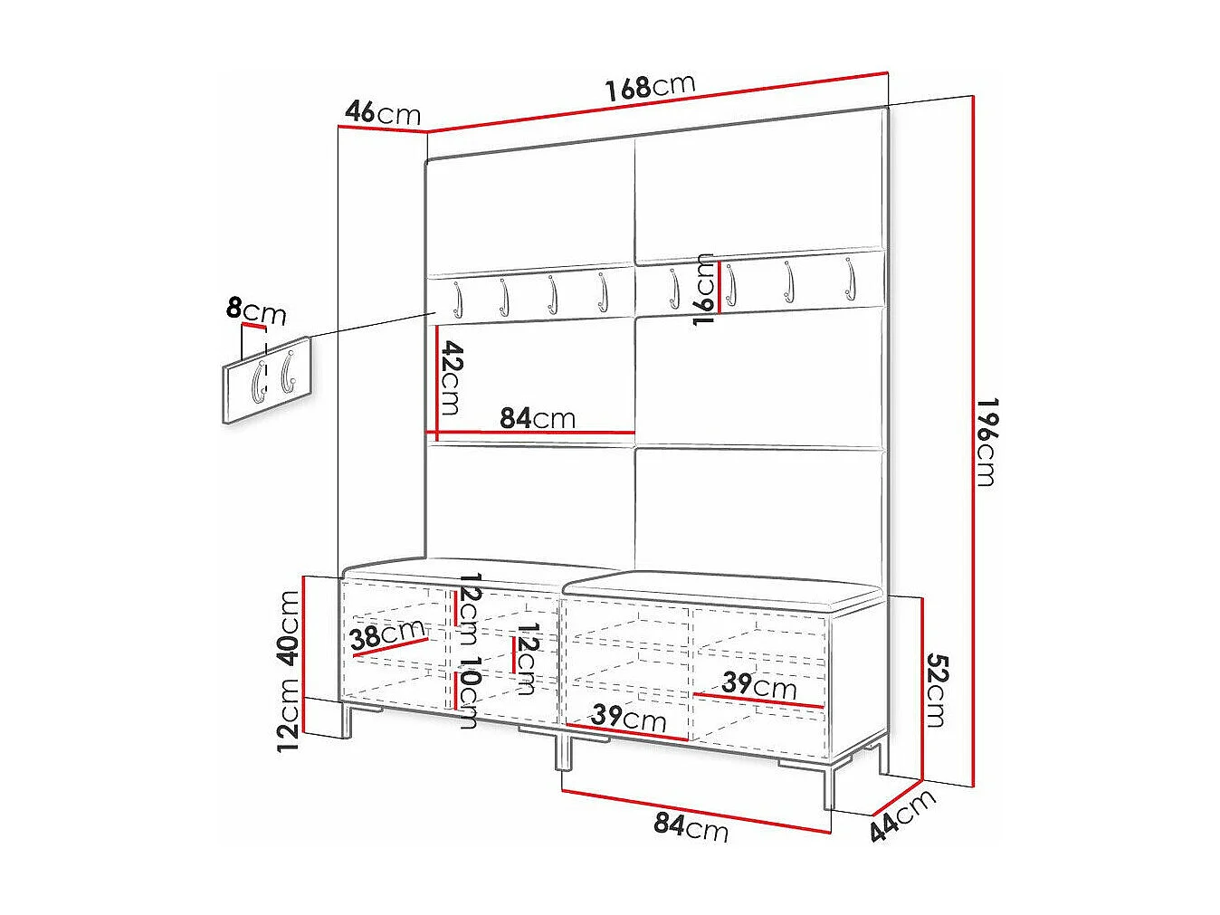 Conjunto pasillo Hartford F101, 196x168x46cm, Craft roble, Montada en la pared|Colocada
