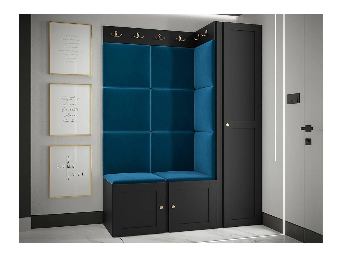 Meuble d'entrée Hartford 377, 186x124x46cm, Bleu|Noir, Stratifié|Tapisserie|MDF