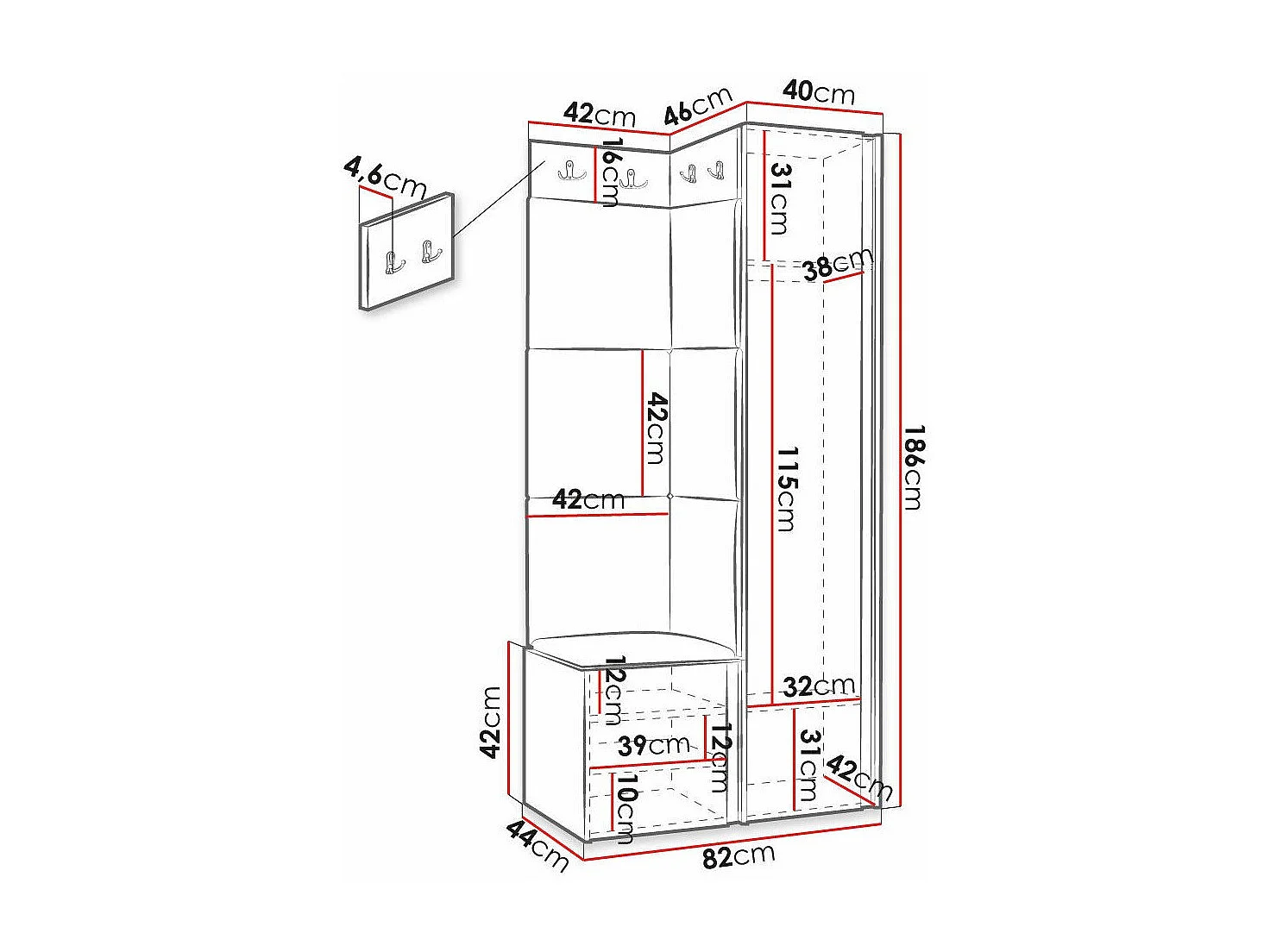 Conjunto pasillo Hartford 381, 186x82x46cm, Marrón|Blanco, MDF|Aglomerado laminado|Tapiz