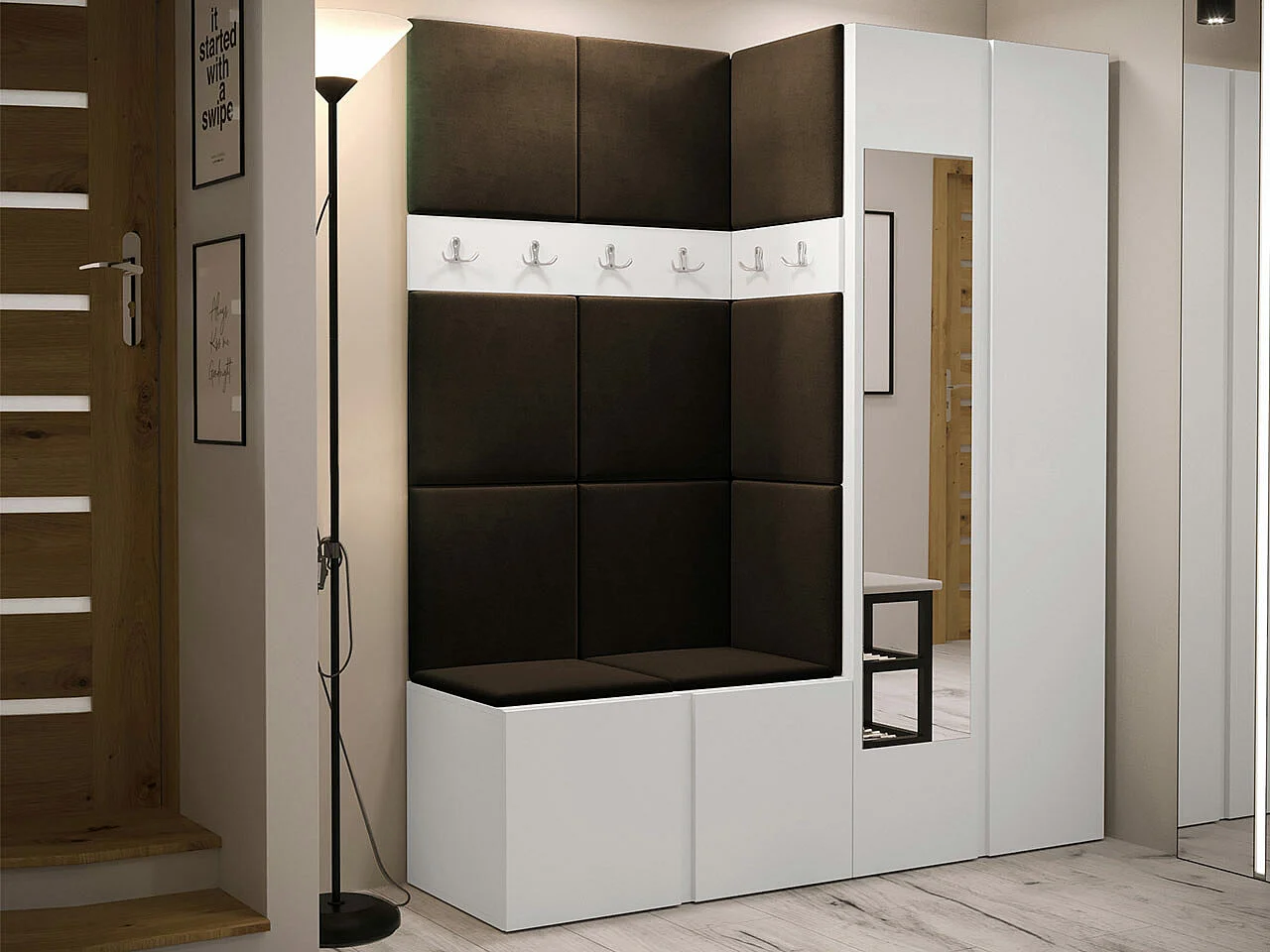 Conjunto pasillo Hartford 278, 186x158x46cm, Espejo, Marrón|Blanco