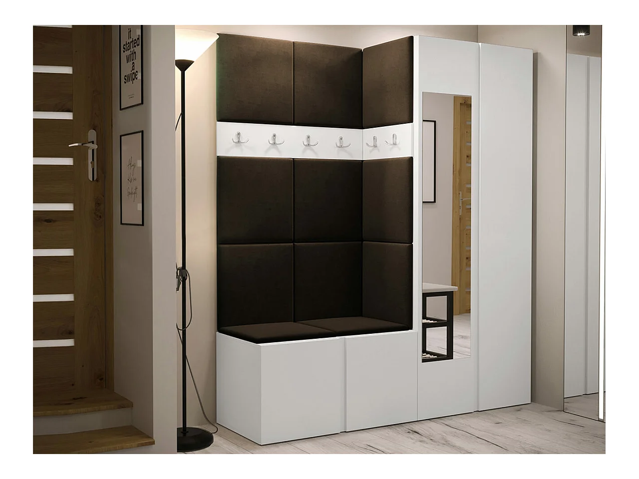 Meuble d'entrée Hartford 278, 186x158x46cm, Miroir, Marron|Blanc, Stratifié|Tapisserie