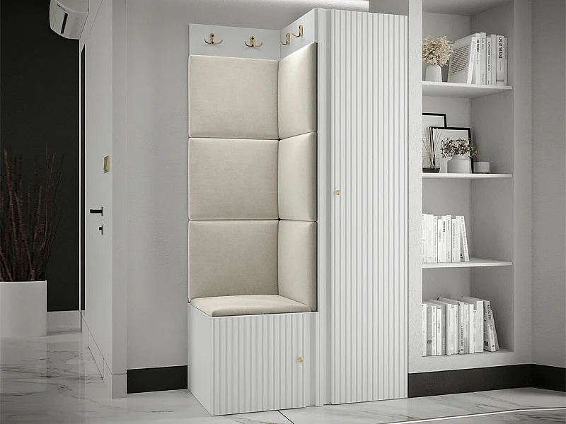 Meuble d'entrée Hartford 390, 186x82x46cm, Blanc|Brun clair, Stratifié|Tapisserie|MDF