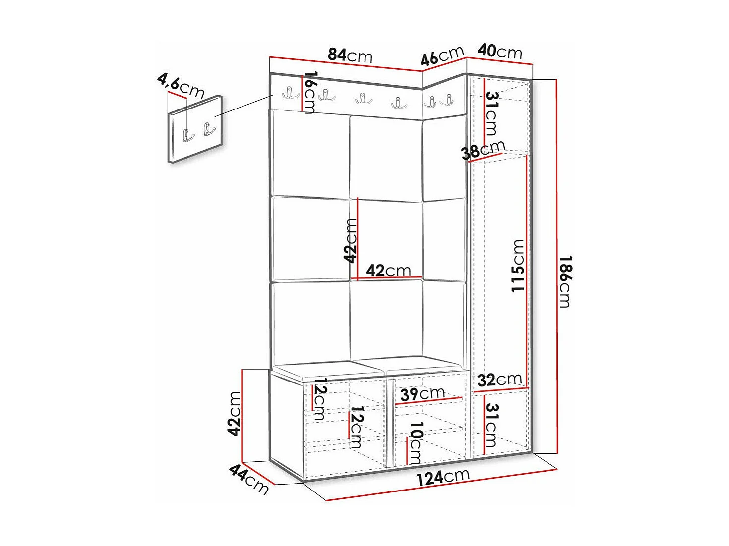 Conjunto pasillo Hartford 385, 186x124x46cm, De color marrón claro|Blanco