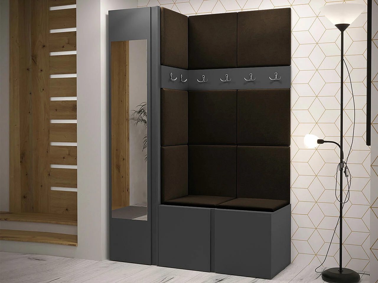 Meuble d'entrée Hartford 277, 186x124x46cm, Disponible, Marron|Graphite, Tissu|Stratifié