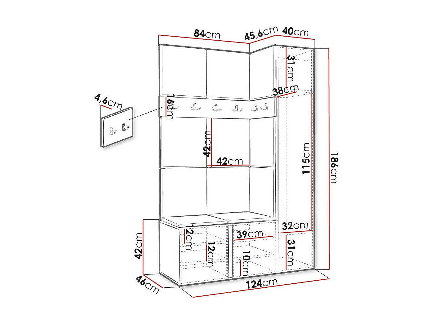 Meuble d'entrée Hartford 277, 186x124x46cm, Disponible, Marron|Graphite, Tissu|Stratifié