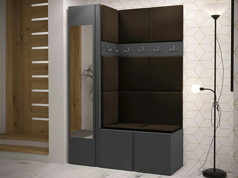 Meuble d'entrée Hartford 277, 186x124x46cm, Disponible, Marron|Graphite, Tissu|Stratifié