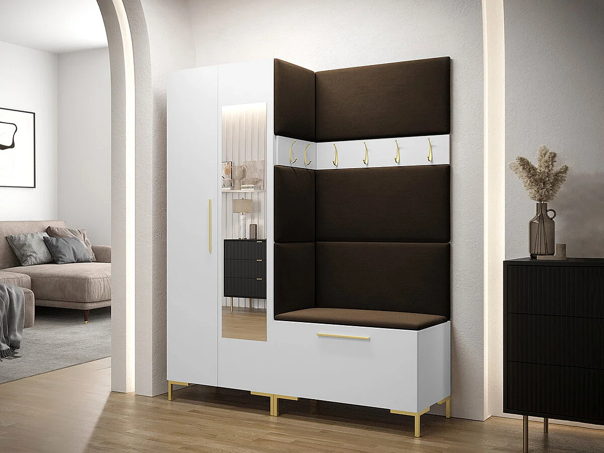 Meuble d'entrée Tivsoa 107, 196x158x46cm, Disponible, Brun foncé|Blanc, Tissu|Stratifié