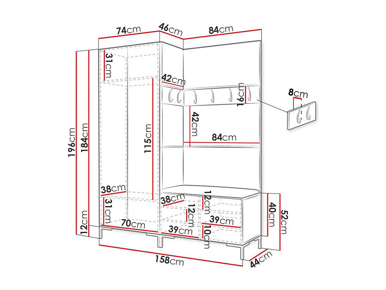 Meuble d'entrée Tivsoa 107, 196x158x46cm, Disponible, Brun foncé|Blanc, Tissu|Stratifié