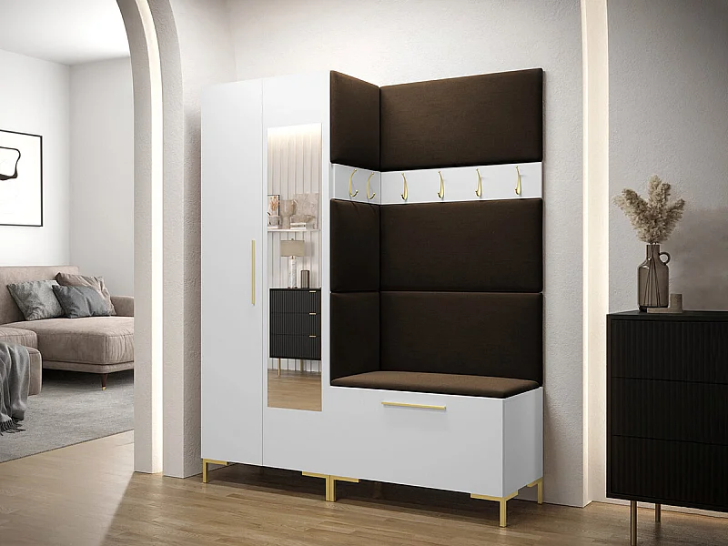 Meuble d'entrée Tivsoa 107, 196x158x46cm, Disponible, Brun foncé|Blanc, Tissu|Stratifié