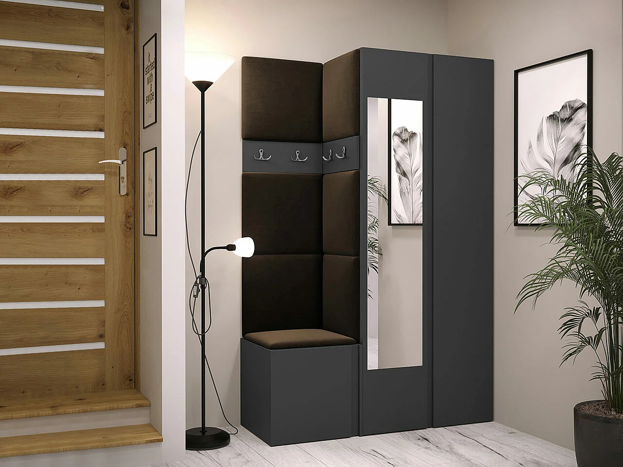 Meuble d'entrée Hartford 350, 186x116x44cm, Disponible, Graphite|Marron, Stratifié|Tissu