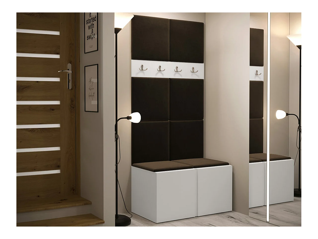 Meuble d'entrée Hartford 267, 186x84x44cm, Blanc|Marron, Stratifié|Tapisserie