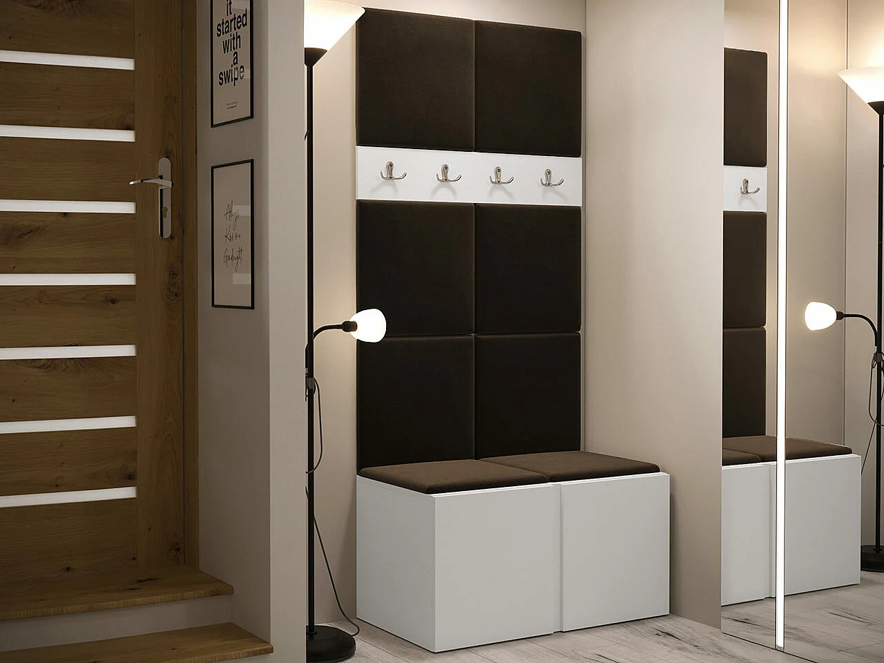 Meuble d'entrée Hartford 267, 186x84x44cm, Marron|Blanc, Tissu|Stratifié, Murale|À poser